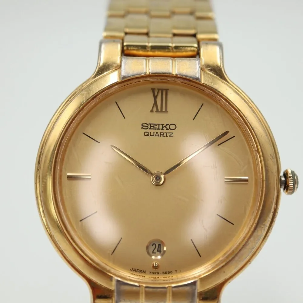 Vintage Seiko Gold Tone Watch Unisex 32mm Date Dial 7N29-6090 w New Battery